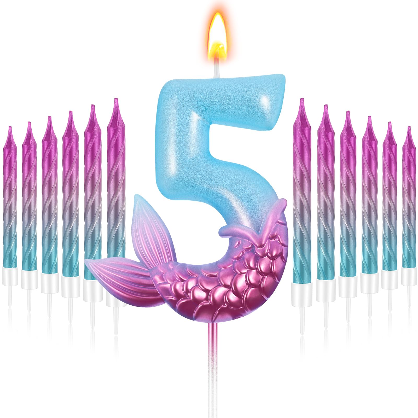MTLEE 13 Pcs Mermaid Birthday Candles, Number 5 Cake Topper Rainbow