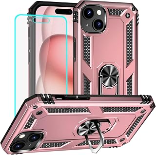Yiakeng for iPhone 15 Case: iPhone 15 Phone Case with HD Screen Protector - Military Grade Protective Cases with Ring for iPhone 15(Rose Gold)