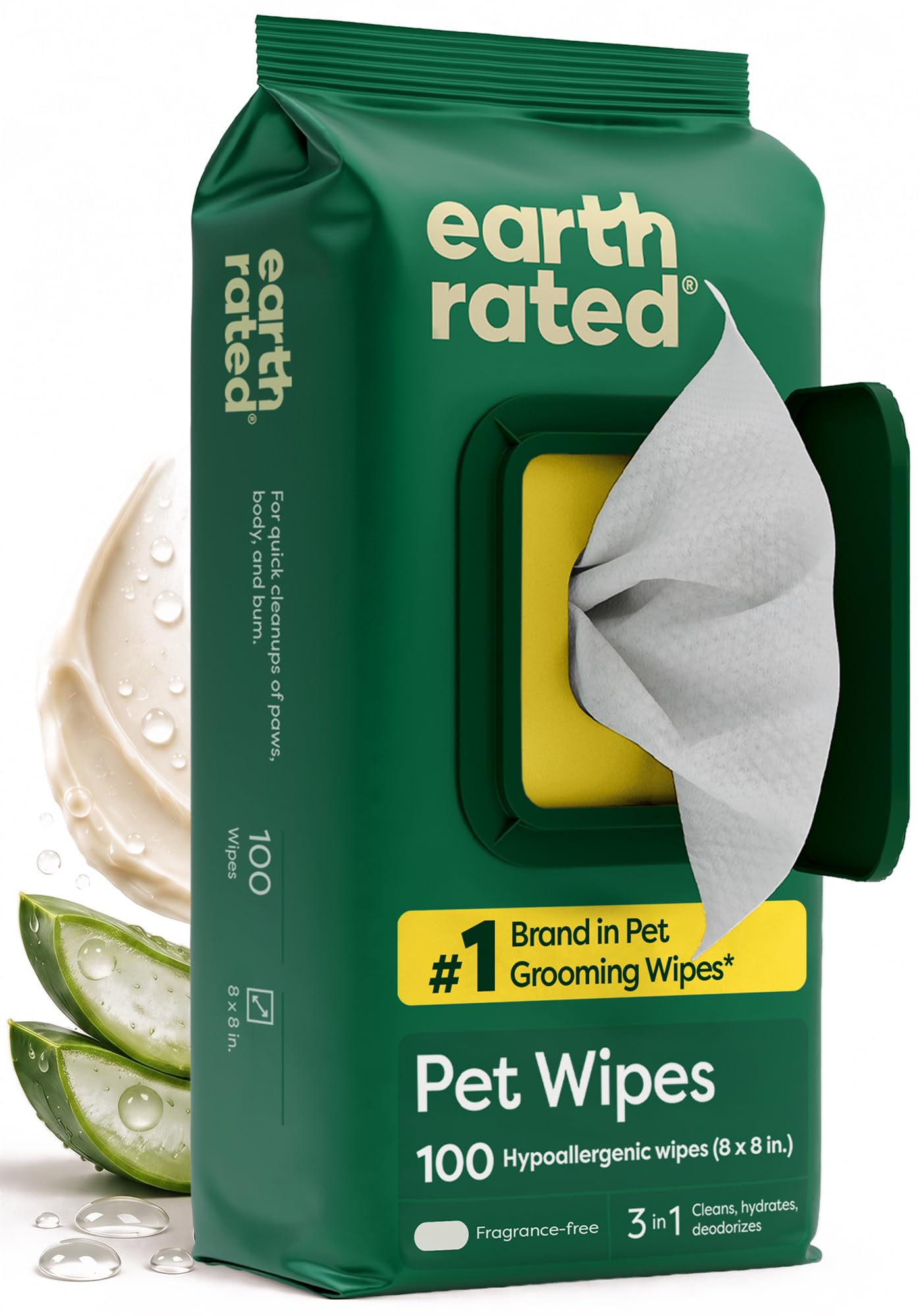 Earth Rated Dog Wipes for Paws & Butt, Deodorizing, Unscented, 100ct | Hypoaller