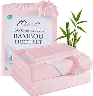 Sasttie Light Pink Silky-Soft Bamboo Sheets King 4-Piece, 100% Rayon Made from Bamboo 300TC, Cooling Sheet for Hot Sleepers, 16" Deep Pocket, Secure Corner Straps, Head Tag, Washable & Breathable