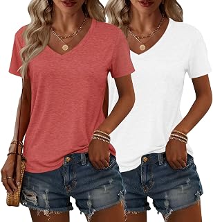 2-Pack Womens T-Shirts, V-Neck Short Sleeve Tops,Loose Blouse, Summer Basic Workout Shirts for Women 2026