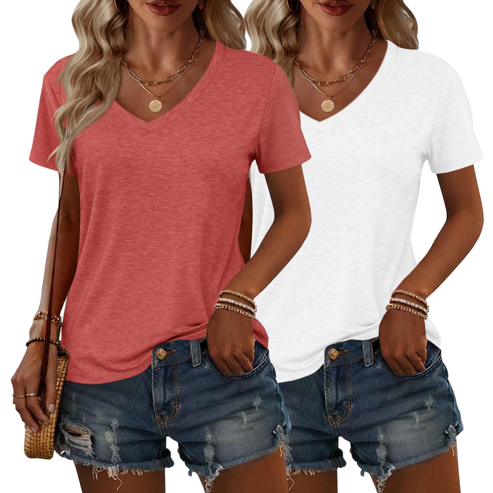 2-Pack Womens T-Shirts, V-Neck Short Sleeve Tops,Loose Blouse, Summer Basic Work