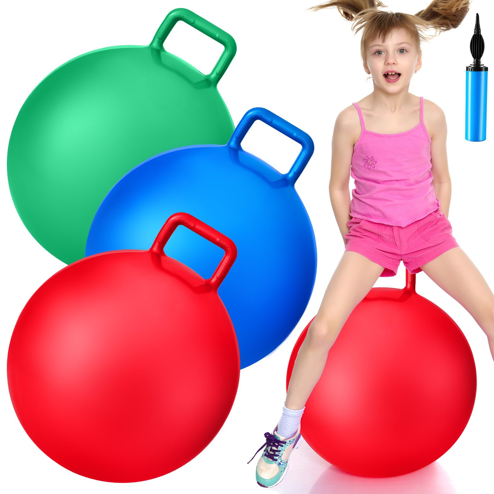Lewtemi 3 Pcs 22" Hopper Ball with Handle, Bouncing Toy, Red, Blue, Green | Hipp