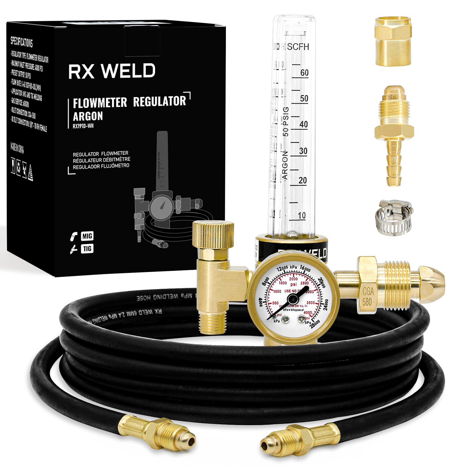 RX WELD Argon Regulator for MIG TIG Weld, CGA580, 6.6FT Hose | Dual 9/16" & 5/8"