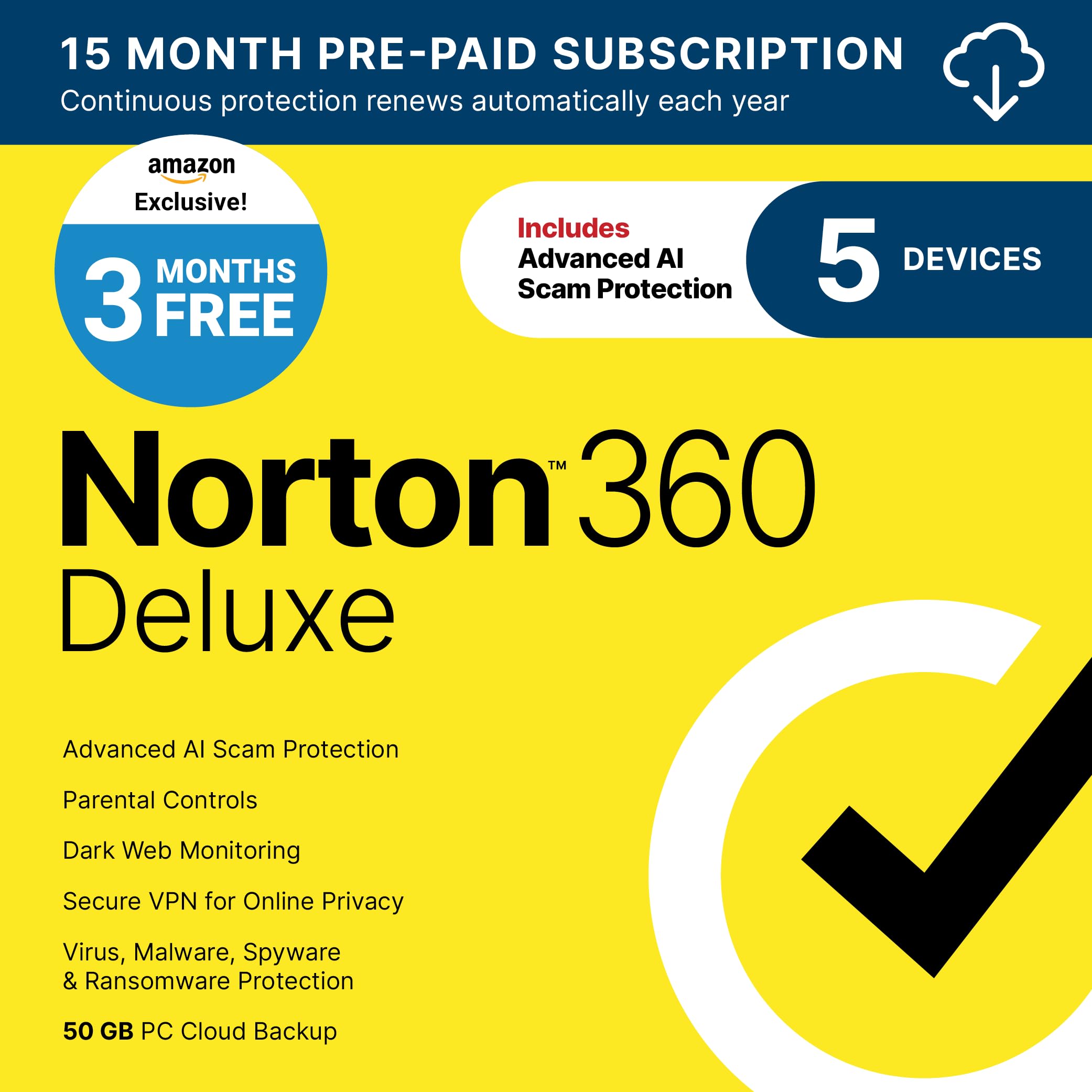 Norton 360 Deluxe 2027 Antivirus, 5 Devices, 3 Months Free [Download] | Includes