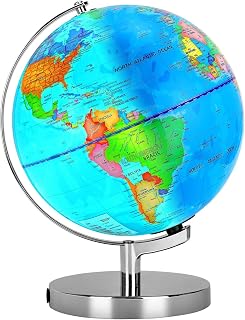 POOCCI 8-Inch Illuminated World Globe for Kids and Adults, Writable Political Map with LED Night Light, Magnifying Glass and Marker, Educational Globe for Home and Classroom