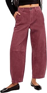 Tankaneo Pantaloni da donna in finta pelle scamosciata, a vita alta, gamba