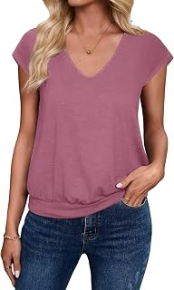 Sialois レディース サマートップス ビジネス カジュアル キャップスリーブ シャツ Vネック バンド付き ボトム Tシャツ 日常着 2026