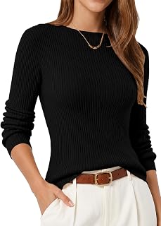 QUALFORT Ribbed Knit Women's Long Sleeve Fitted Sweater Crew Neck Pullover