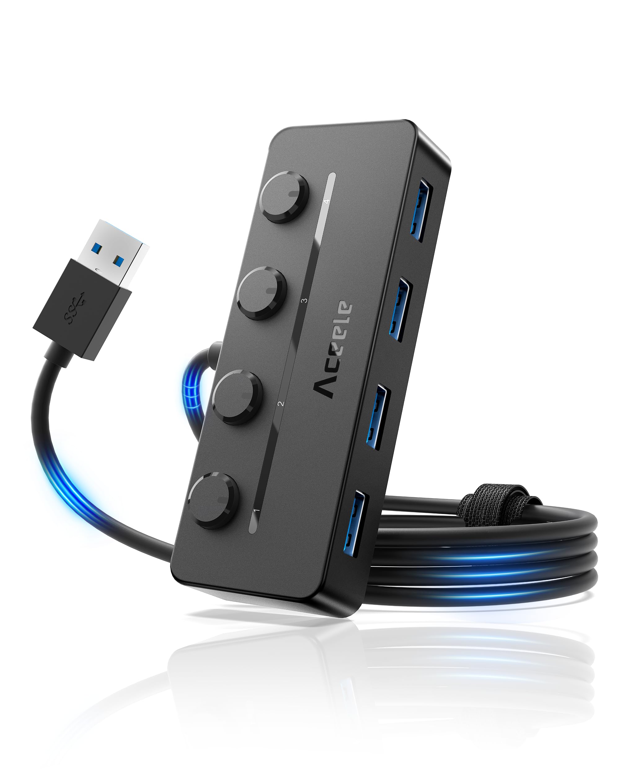 Aceele 4-Port USB Hub 3.0 with Individual LED Power Switches
