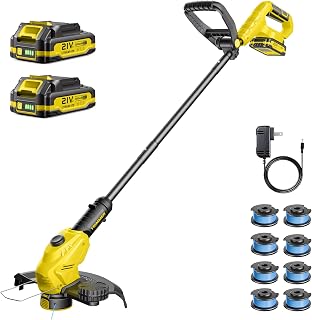 JKLARI Weed Wacker, 21V Battery Powered Grass Trimmer & Edger 2-in-1 | Electric Weed Wacker with 2 × 2.0Ah Batteries and 8 × Spare Spools, Lightweight Edger Lawn Tool for Yard & Garden