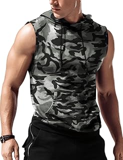 Amussiar Canotte con cappuccio da allenamento da uomo senza maniche per allenamento da palestra con cappuccio Bodybuilding Muscle Cut Off T-shirt, Grigio-mimetico, S