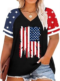 Plus Size Tops American Flag Shirts Womens V Neck Patriotic Tshirt USA Graphic Tee 4th of July T-Shirt