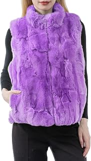 LVCOMEFF Women Real Rex Rabbit Fur Vest Furry Fluffy Classic With High Collar Sleeveless Outwear Top