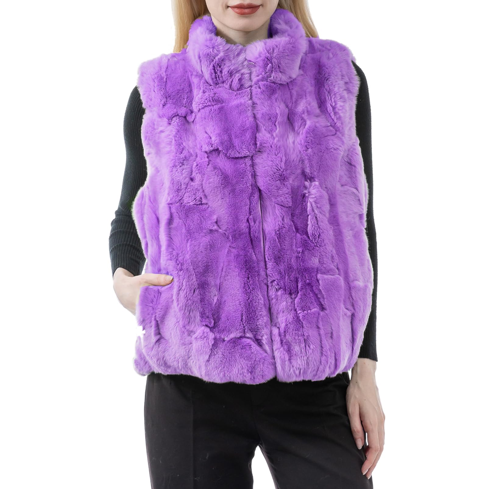 LVCOMEFF Women Real Rex Rabbit Fur Vest Furry Fluffy Classic With High Collar Sl