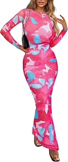 PRETTYGARDEN Maxi abito aderente da donna autunno primavera moda manica lunga stampa floreale aderente aderente party club abiti increspati