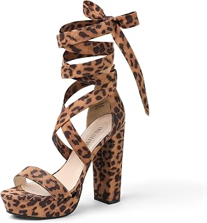 DREAM PAIRS Tacones de tacón alto con plataforma de bloque grueso para mujer con tiras de gladiador sexy de punta abierta sandalias de tacón, Leopard, 38.5 EU