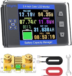 eSynic Professional Battery Monitor with Shunt-Range 10V-120V and up to 500A Battery Monitor with 2.4" Color LCD Display for Lead Acid/LiFePO4/Lithium-with Low Voltage Alarm-Easy to Install-RV etc