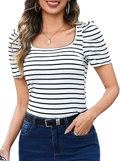 Aottori T-Shirt Short Sleeve Women Basic Top T-Shirt Stripe Elegant Square Neck T-Shirts Cotton Lightweight Casual Pullover Tunic