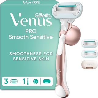 Gillette Venus Pro Smooth Sensitive Women’s Razor, 1 Handle & 3 Refills | 5-Blade System, Sensitive Skin Protection, Reusable Metal Handle, Shower Holder