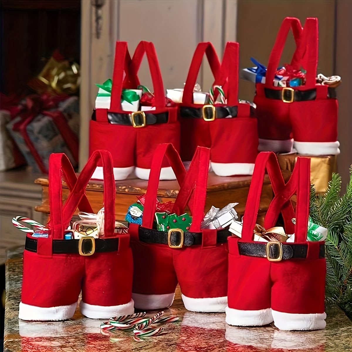 Santa Claus Candy Bags, 1 Piece Santa Claus Trousers, Red Polyester Gift Bags wi