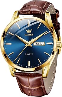 OLEVS Relojes para hombre azul correa de cuero marrón reloj de cuarzo hombres con fecha de día de la semana impermeable luminoso clásico elegante reloj de pulsera regalo