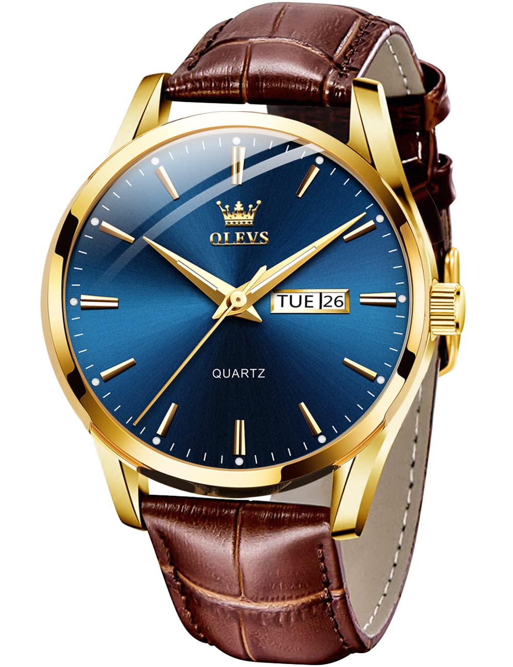 OLEVS Relojes para hombre azul correa de cuero marrón reloj de cuarzo hombres co