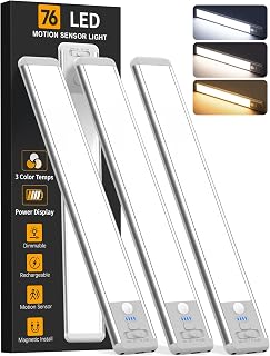 Under Cabinet Lighting Wireless, 10inch Motion Sensor Light Indoor, 3Pack | Rechargeable, 3 Color Temps, Dimmable, Power Display, LED Closet Light Magnetic, Under Counter Lights for Kitchen Shelf Home
