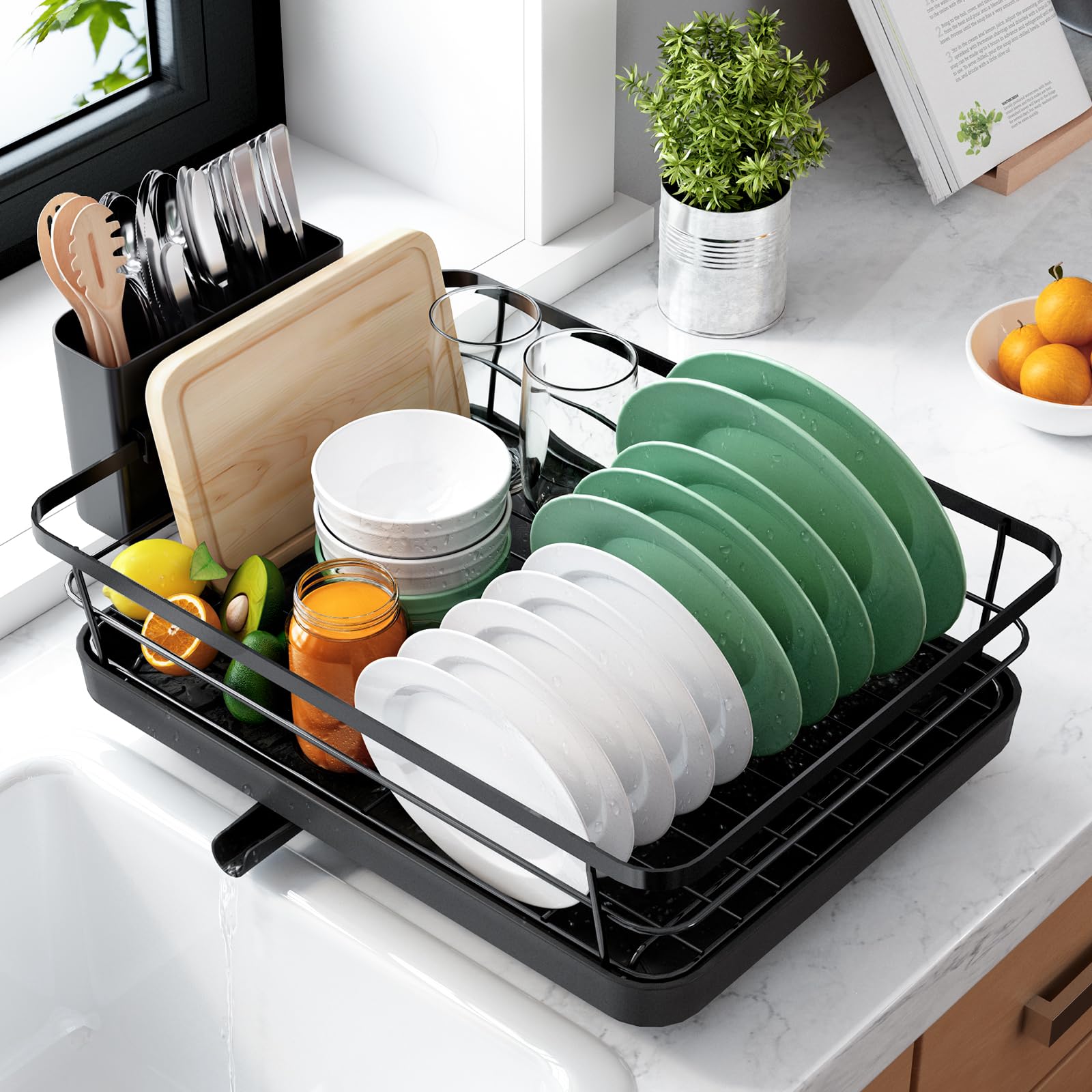 Kitsure Dish Drying Rack for Kitchen Counter, 12''W x 15.5''L, Black | Stainless