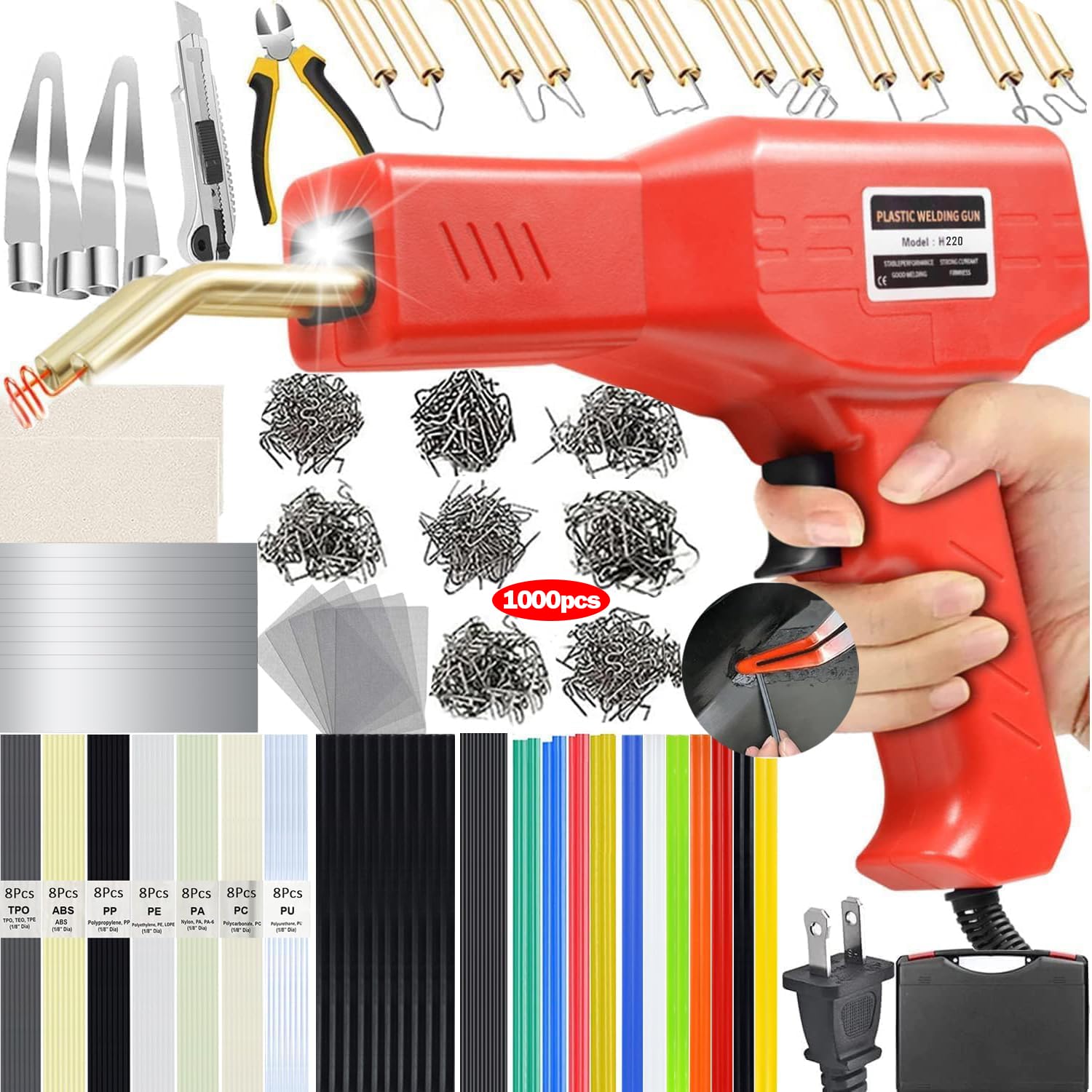 Upgraded 220W Plastic Welder, 2 in 1 Plastic Welding Repair Welder Kit 1000PCS H