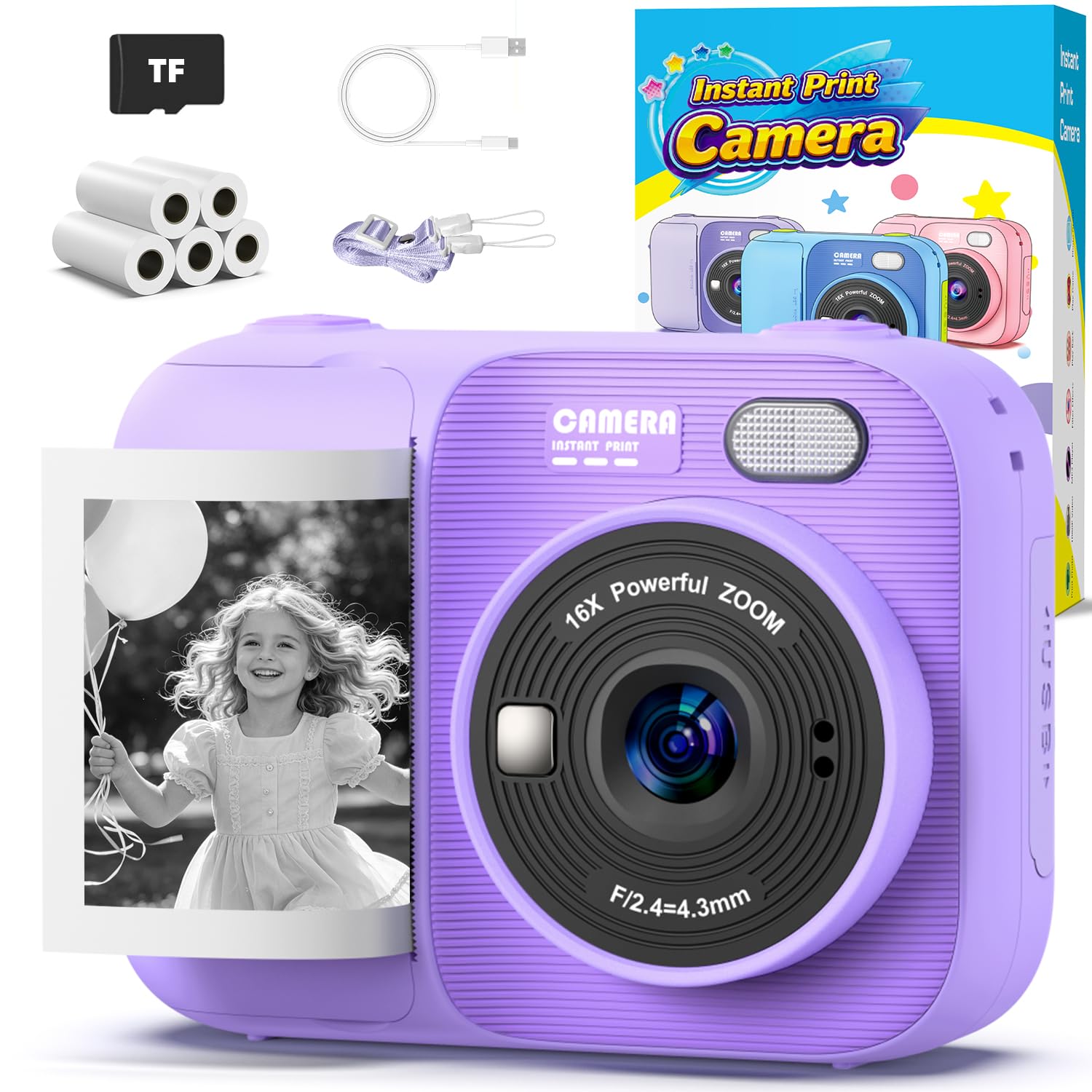 Kids Instant Print Camera with 5 Rolls Print Paper, 1080P HD Camera, Rechargeabl