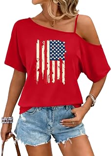 PECHAR 4th of July シャツ レディース USA 愛国的 オフショルダー Tシャツ アメリカ国旗 スパゲッティストラップ Tシャツ ルーズフィット トップス