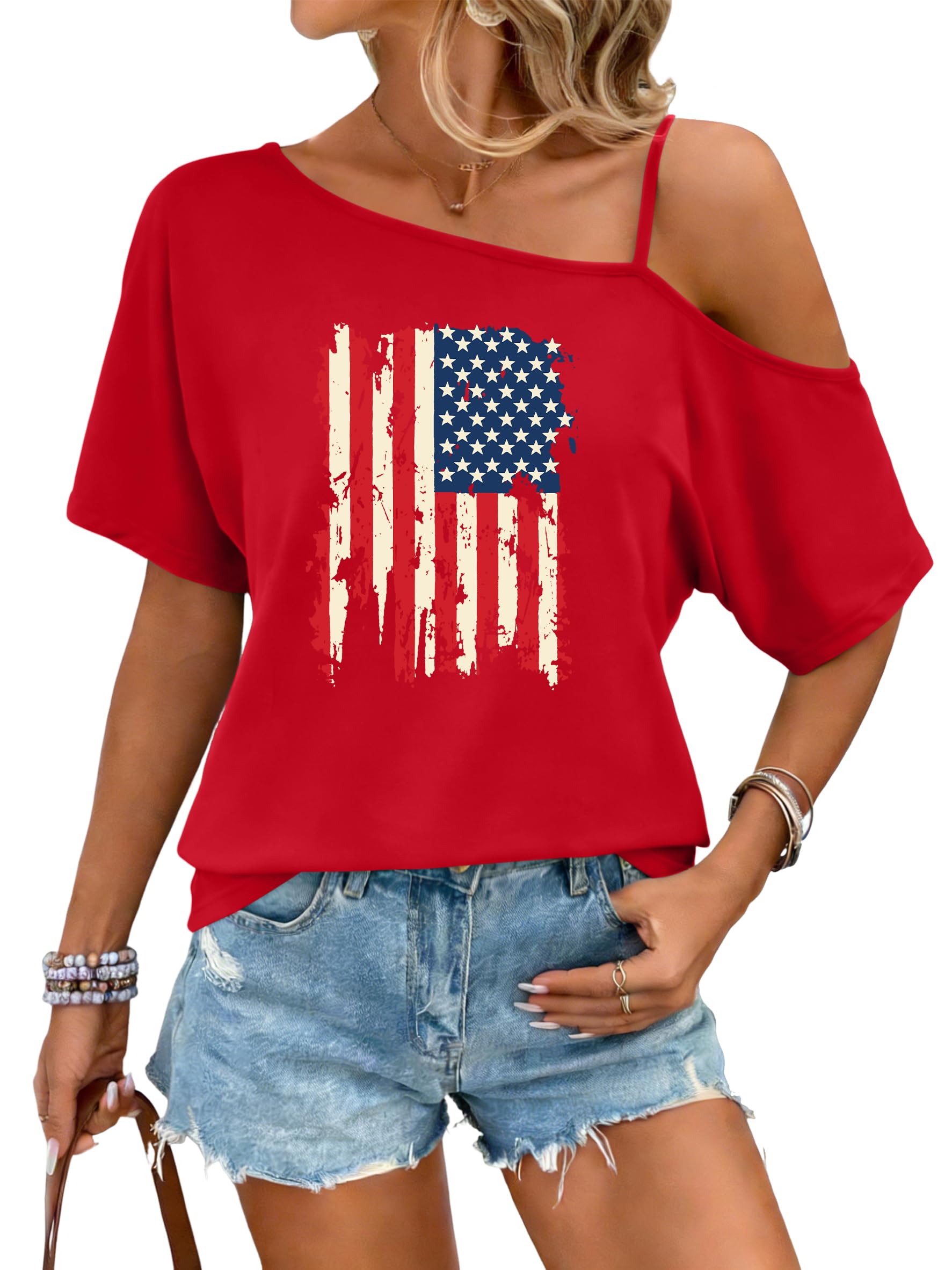PECHAR 4th of July シャツ レディース USA 愛国的 オフショルダー Tシャツ アメリカ国旗 スパゲッティストラップ Tシャツ ルーズフィッ
