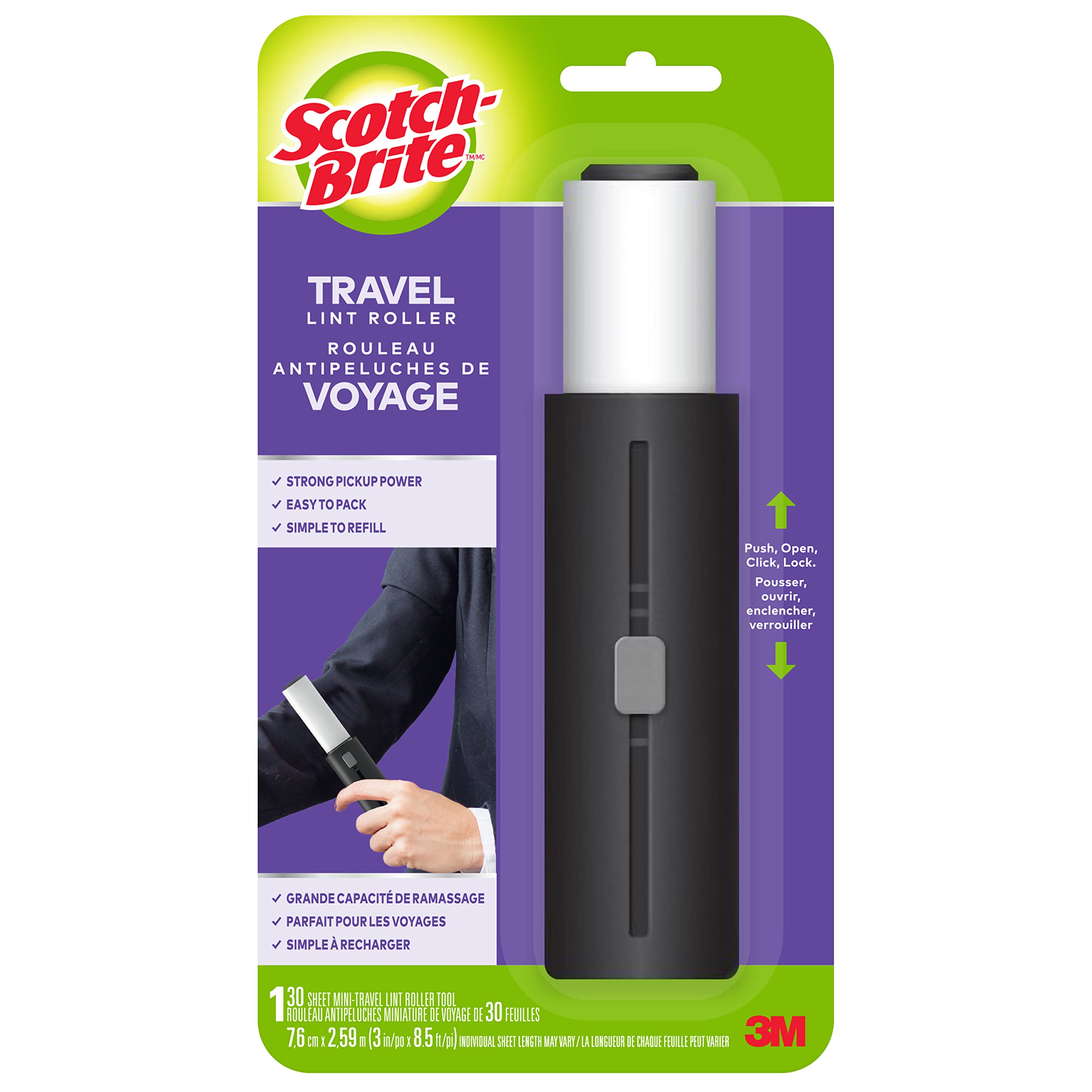 Scotch-Brite Mini Travel Lint Roller with Cover, 30 Sheets, Retractable, Refilla