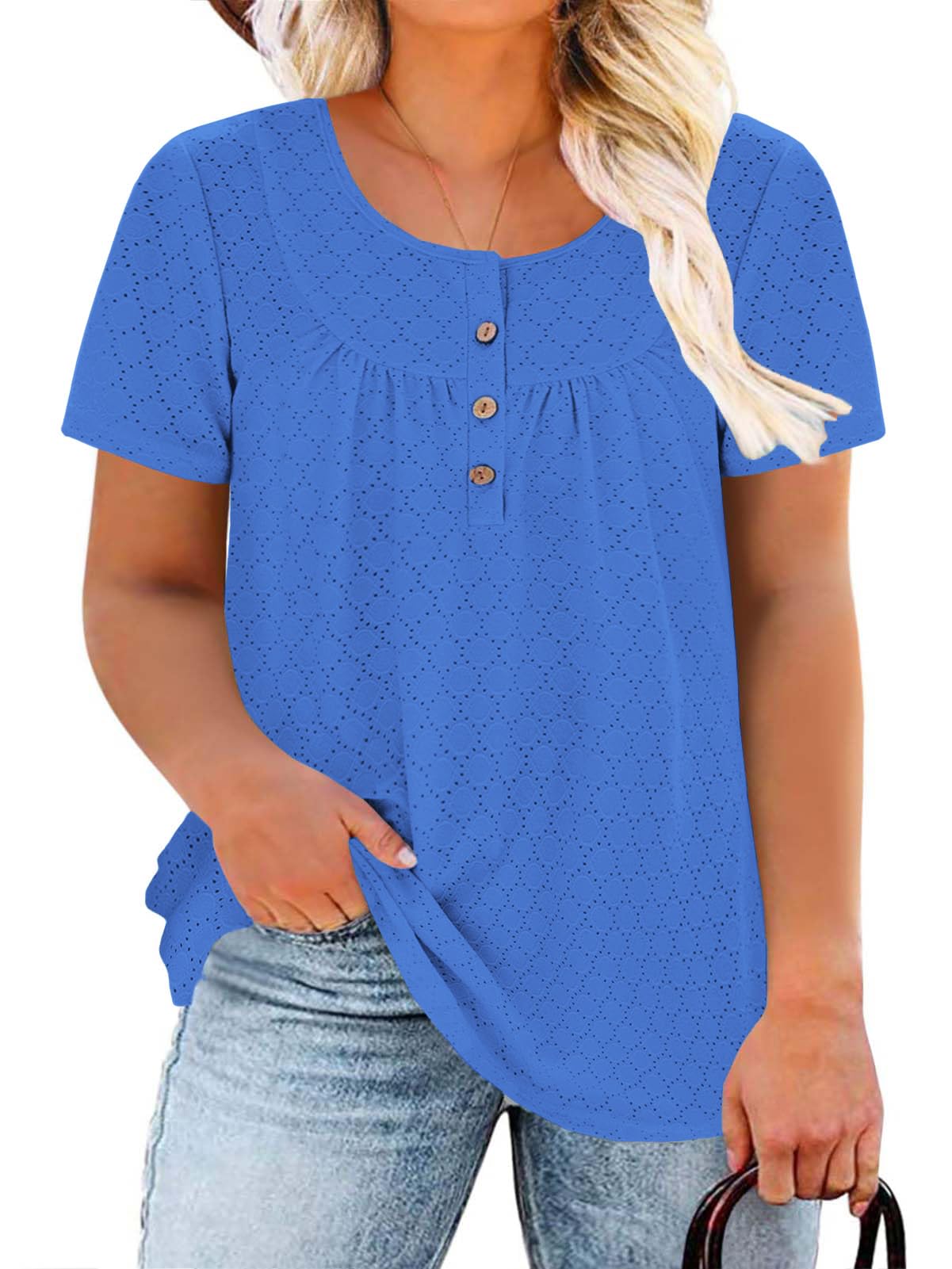 VISLILY Womens-Plus-Size-Summer-Tops Buttons Up Henley Shirts Flowy Pleated Tuni