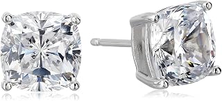 Amazon Collection Pendientes de tuerca de plata de ley chapados en platino con circonitas cúbicas con corte cojín