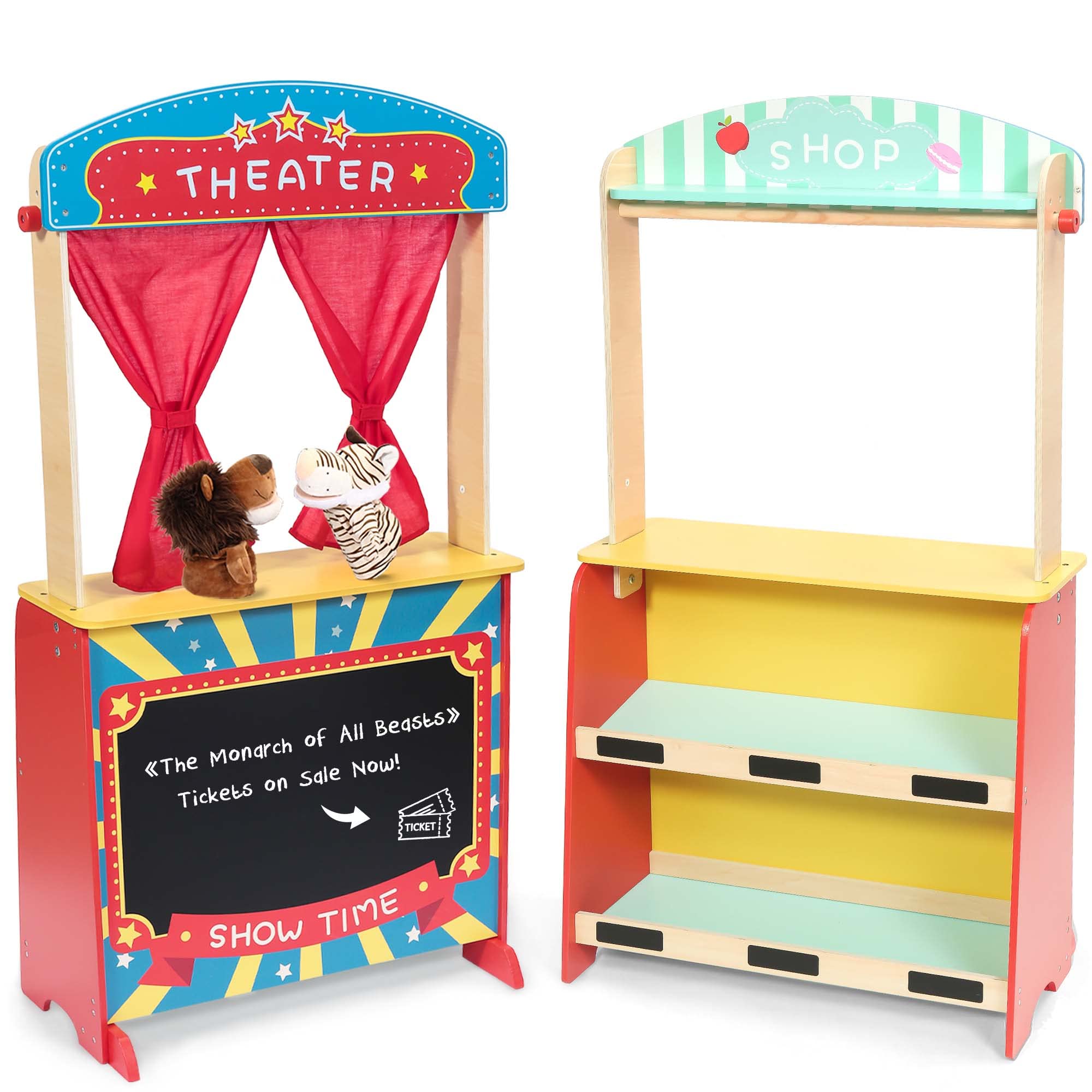 Rundad Wooden Puppet Theater Bonus 2 Hand Puppet, Double-Sided Lemonade Stand & 