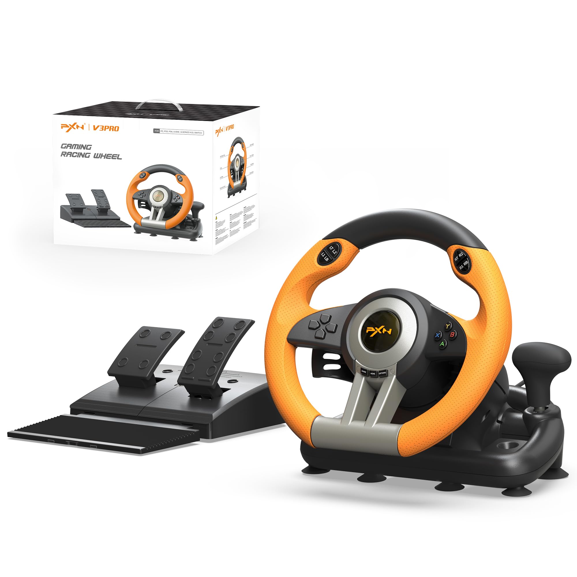 PXN V3 Pro Gaming Steering Wheel with Pedals | Dual Motor Vibration Feedback, Be