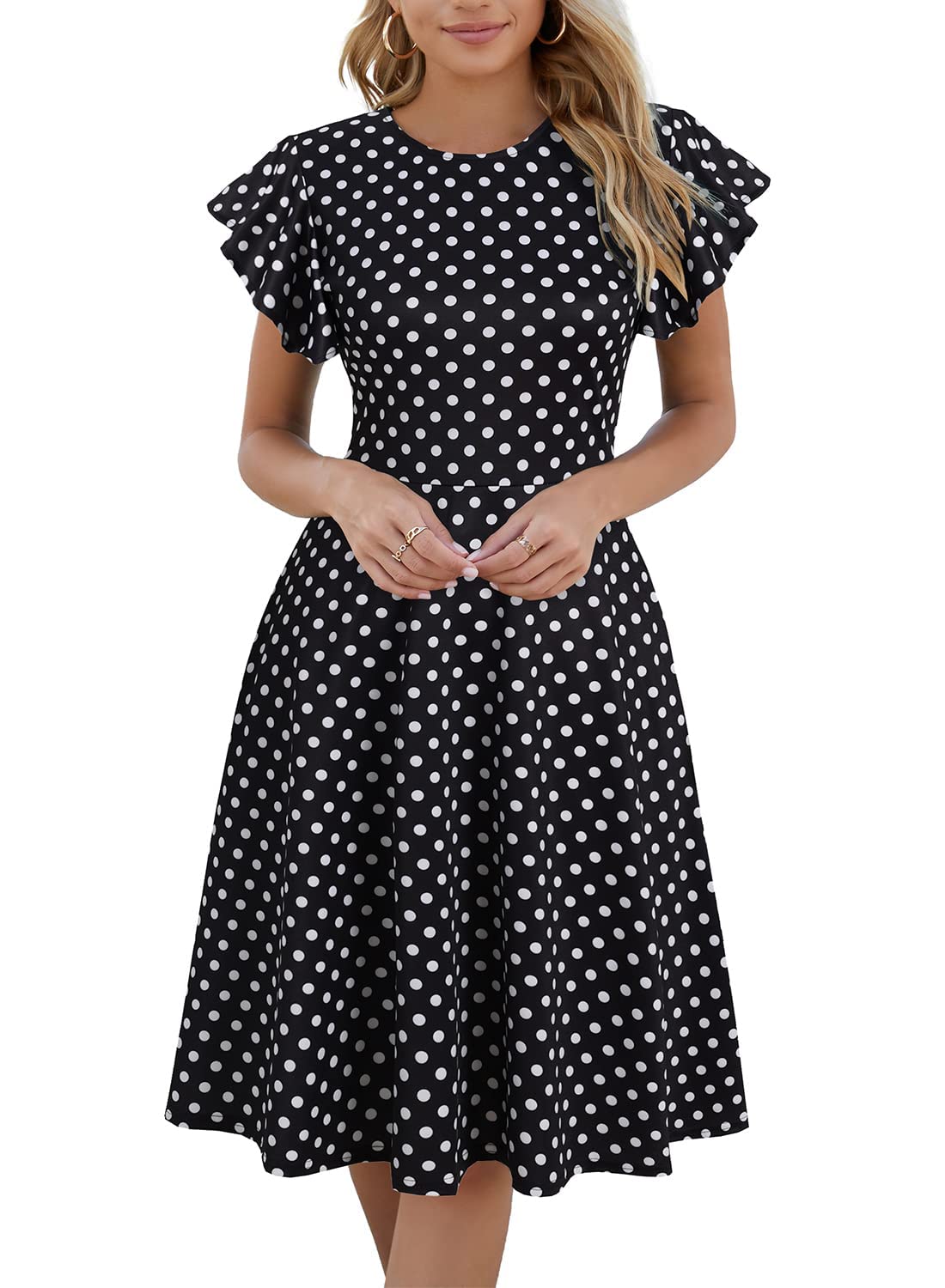 Women's Ruffle Short Sleeve Fit and Flare Dress Semi Formal Cocktail Dresses wit
