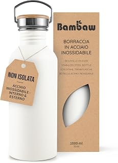 Bambaw 1 Litre Steel Water Bottle, Non-Insulated White Water Bottle, Camping Sports Bottle, Gym Bottle, University Bottle, BPA Free - Polar White