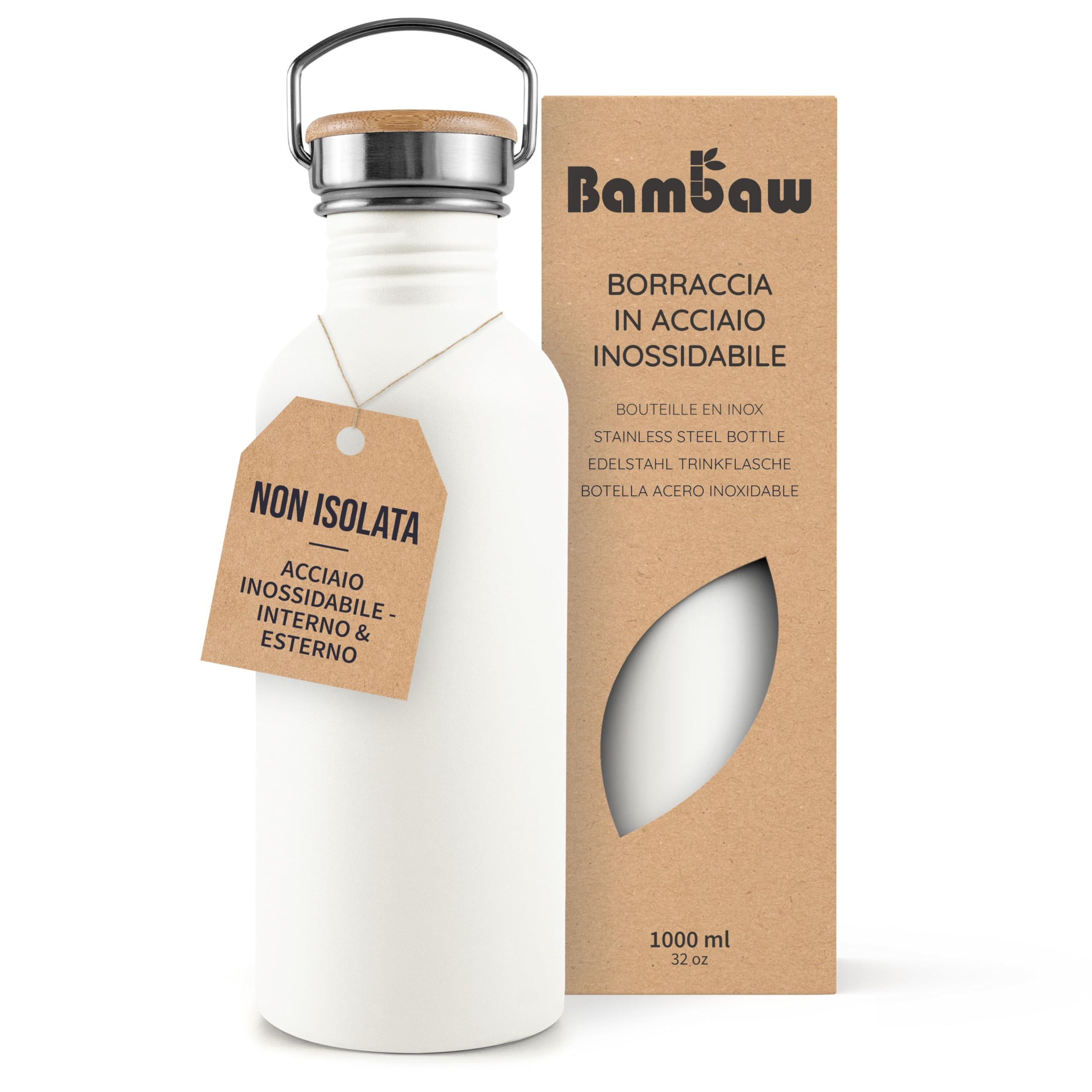Bambaw 1 Litre Steel Water Bottle, Non-Insulated White Water Bottle, Camping Spo