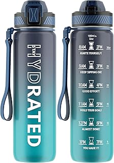 QLUR Water Bottle with Straw, 32oz Sports Water Bottles with Time Marker | Tritan Sports Bottle BPA Free, Leakproof Wide Mouth, 1L Water Bottle with Carry Strap for Gym School Office Outdoor, 1 Bottle