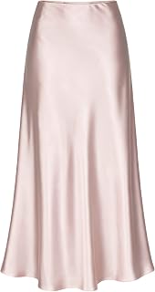 ALCEA ROSEA Womens Satin High Waisted Silky Midi Skirt Elastic A-line Skirt for Wedding Party Work