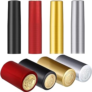 Blulu 200 Pcs PVC Heat Shrink Capsules, Black, Red, Gold, Silver | Wine Shrink Wraps with Gold Grape Seal, Sealer for Bottles, Sleeves Caps for Home and Wine Making Cellars, Easy to Use