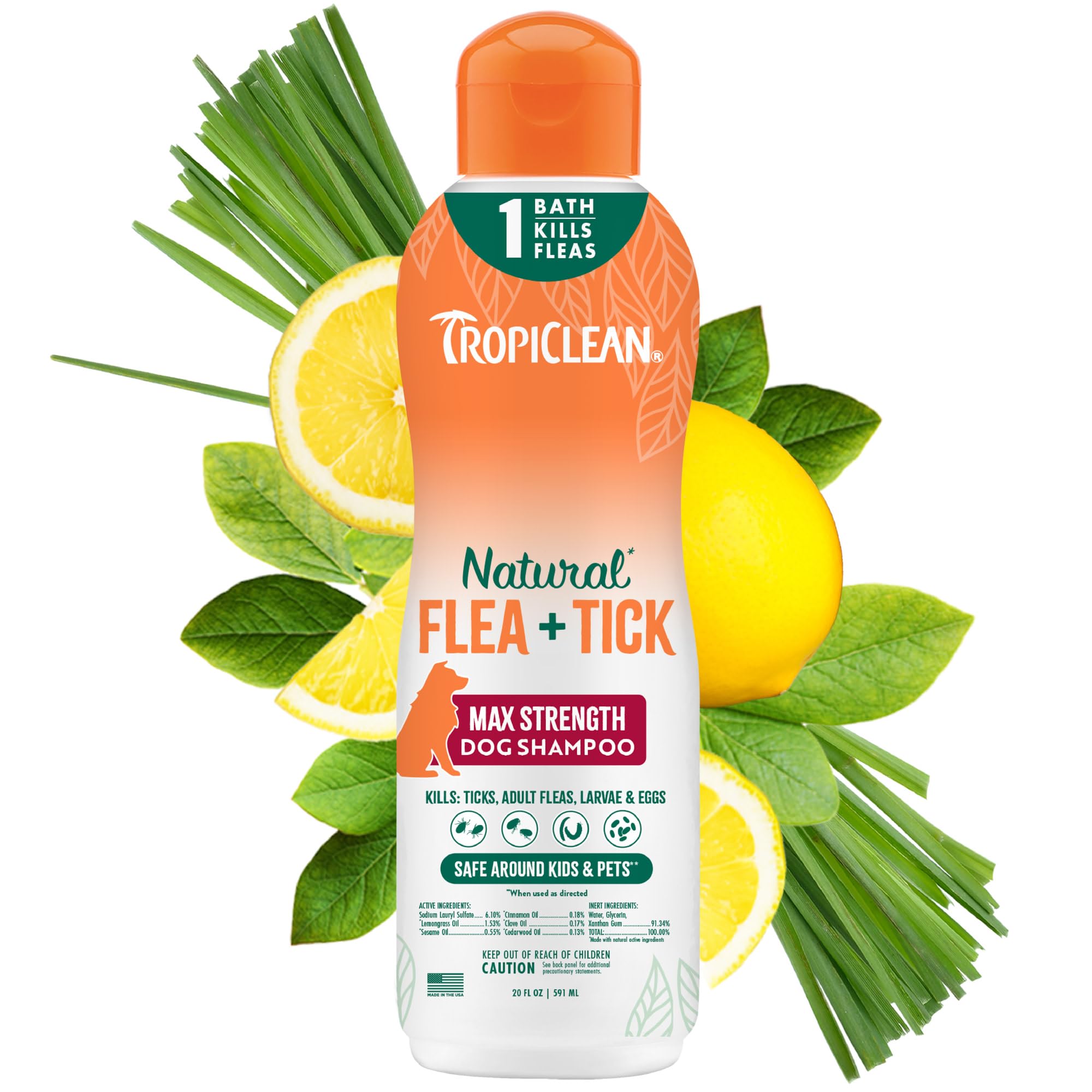 TropiClean Flea and Tick Shampoo for Dogs, Max Strength Formula, 20oz | Powerful