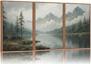 SIGNINART Large Green Forest Framed Canvas Wall Art Set, Misty Mountain Lake Scenery Wall Decor, Modern Foggy Wood Landscape Artwork, Oil Printing Style Nature Art Print for Living Room, Bedroom