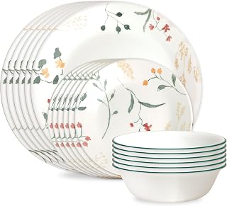 Corelle Vitrelle 18 Piece Glass Dinnerware Sets Service for 6, Triple Layer Chip & Crack Resistant Glass Plate and Bowl Sets, Wildflower