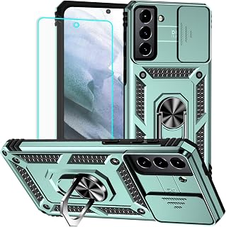 HNHYGETE for Galaxy S21 Case with Screen Protector: [Military Grade 20ft. Drop Tested] Ring Shockproof Protective Phone Case for - Samsung Galaxy S21 (Dark Green)