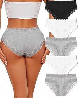 FINETOO 5er Women's Cotton Briefs with Lace Underwear Soft Low Waist Sexy Panties