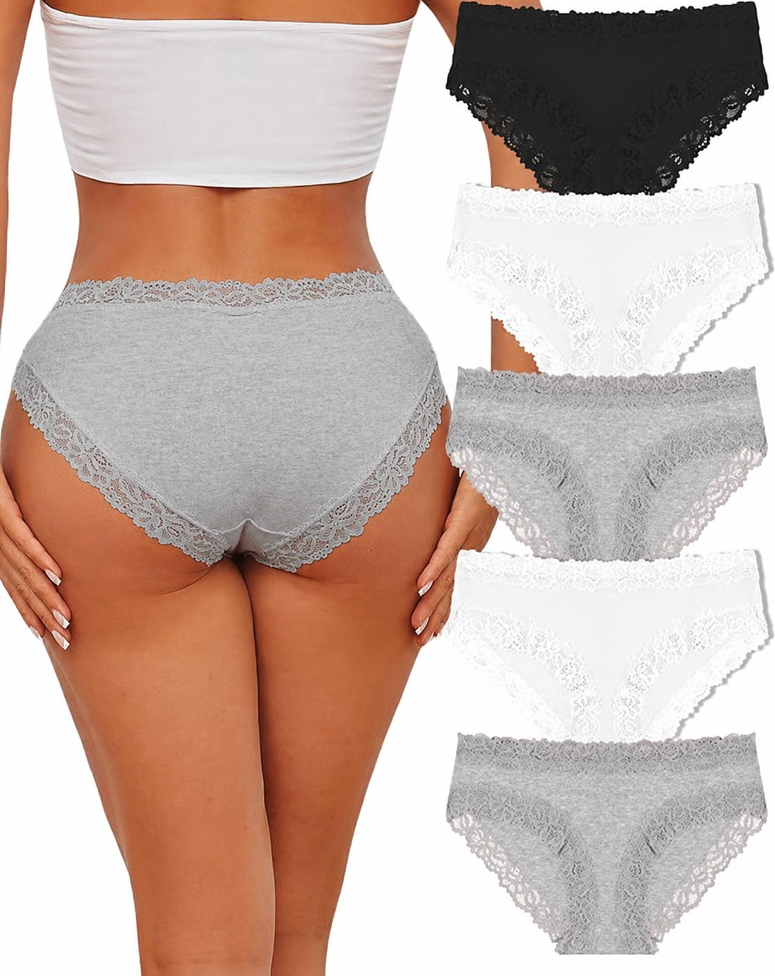 FINETOO 5er Women's Cotton Briefs with Lace Underwear Soft Low Waist Sexy Pantie